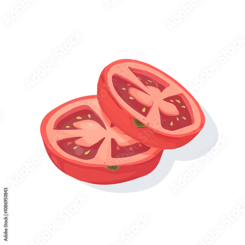 Simple flat 2D illustration of sliced tomato isolated on a white background, sliced tomato	