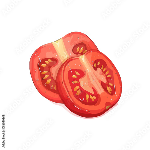 Simple flat 2D illustration of sliced tomato isolated on a white background, sliced tomato