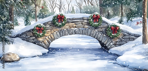 Little stone bridge over a frozen stream with holiday wreaths on each side, nestled in snow, watercolor theme