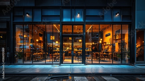 A modern cafe storefront with large windows and warm lighting.