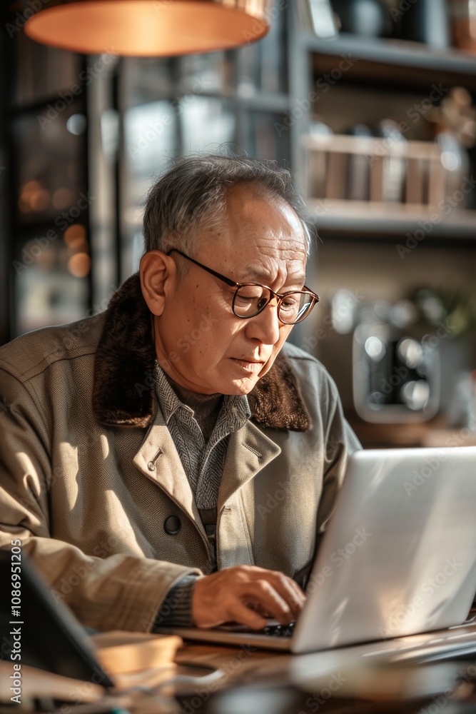 Modern work style: middle-aged man sitting at his laptop in a minimalist interior Modern work style: middle-aged man sitting at his laptop in a minimalist interior