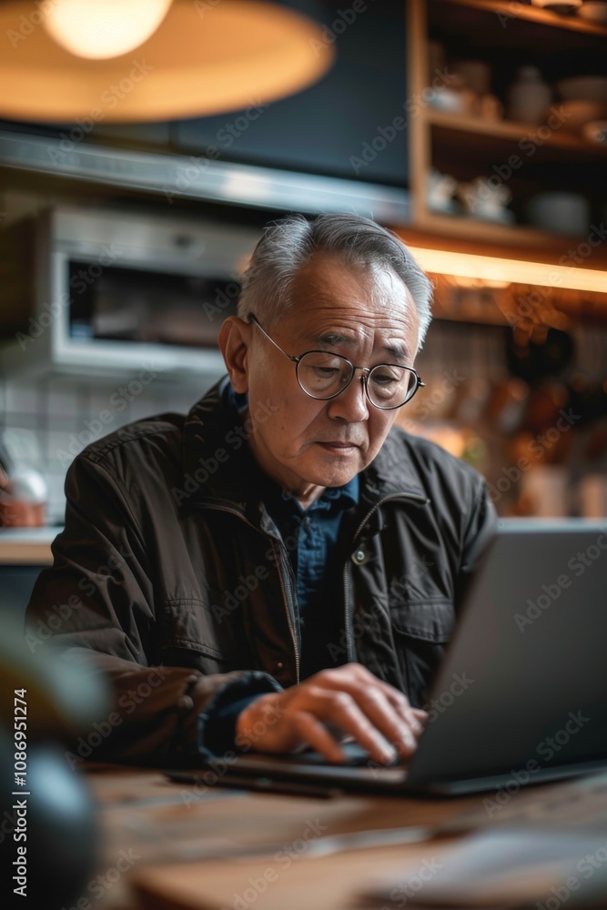 Workflow: middle-aged Asian man using a laptop in a modern setting Workflow: middle-aged Asian man using a laptop in a modern setting