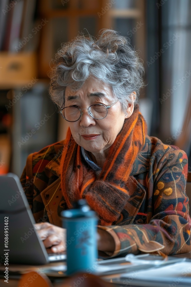 Cozy morning: short-haired woman working remotely at the kitchen table Cozy morning: short-haired woman working remotely at the kitchen table