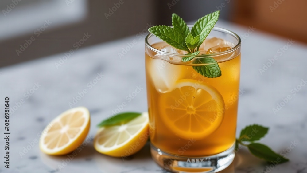 Fototapeta premium Refreshing Lemon Iced Tea with Mint and Lemon Slices on Marble Table - Perfect for Summer Afternoons