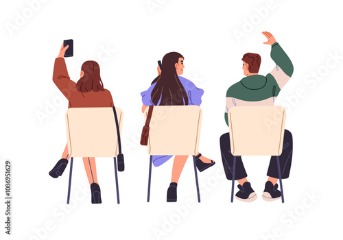 People sit on chairs, listen to conference back view. Men and women film performance on phone. Audience on seats hands ups to ask at seminar. Flat isolated vector illustration on white background
