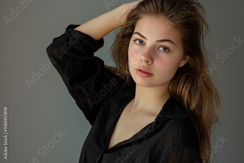 A young woman with long brown hair, wearing a black shirt, looks directly at the camera.