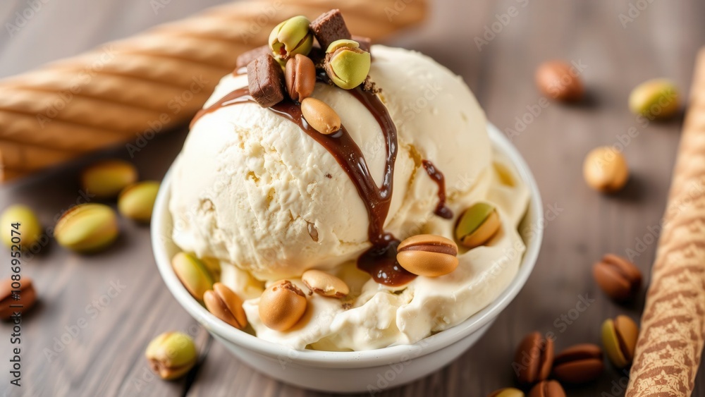 Indulge in Creamy Pistachio Ice Cream with Chocolate Swirls and Nuts - Perfect for Summer Treats and Dessert Delights Indulge in Creamy Pistachio Ice Cream with Chocolate Swirls and Nuts - Perfect for Summer Treats and Dessert Delights