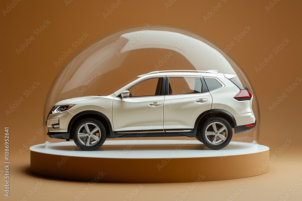 White car protected under a glass dome bubble. Car insurance concept auto business White car protected under a glass dome bubble. Car insurance concept auto business