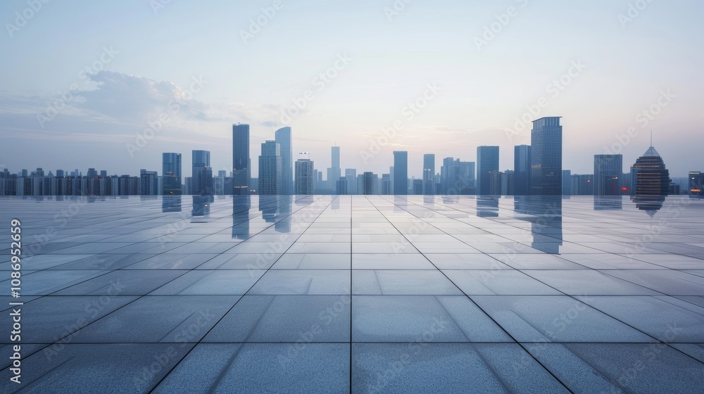 Empty square floor with city skyline background, Skyline plaza with futuristic architecture, nighttime ambiance Empty square floor with city skyline background, Skyline plaza with futuristic architecture, nighttime ambiance