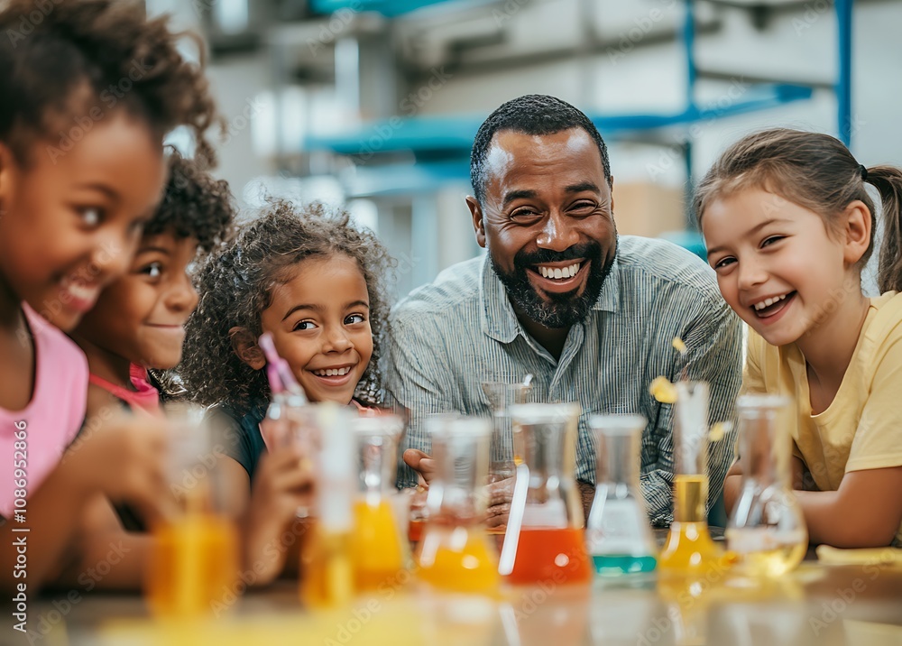 Children in a science class with their teacher their faces happy and curious as they learn about chemical experiments Children in a science class with their teacher their faces happy and curious as they learn about chemical experiments