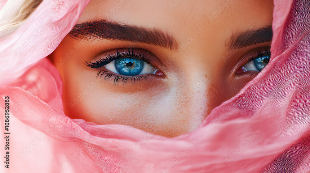 Close-up of a woman’s face half-covered by a pink fabric, emphasizing her blue eye and fair skin. Suitable for beauty, fashion, and elegance themes Close-up of a woman’s face half-covered by a pink fabric, emphasizing her blue eye and fair skin. Suitable for beauty, fashion, and elegance themes