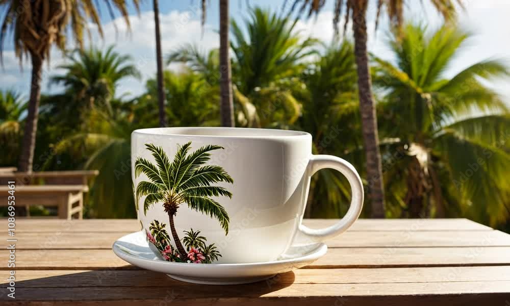A decorative cup with palm trees, set against a tropical backdrop. A decorative cup with palm trees, set against a tropical backdrop.