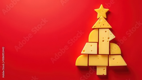 Assorted cheese slices arranged in Christmas tree shape on red background with copy space. Christmas concept for dairy and cheese business, for greeting card, invitation, postcard, banner, poster
