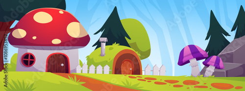Vector illustration of a fairy-tale mushroom-shaped house against a forest landscape.