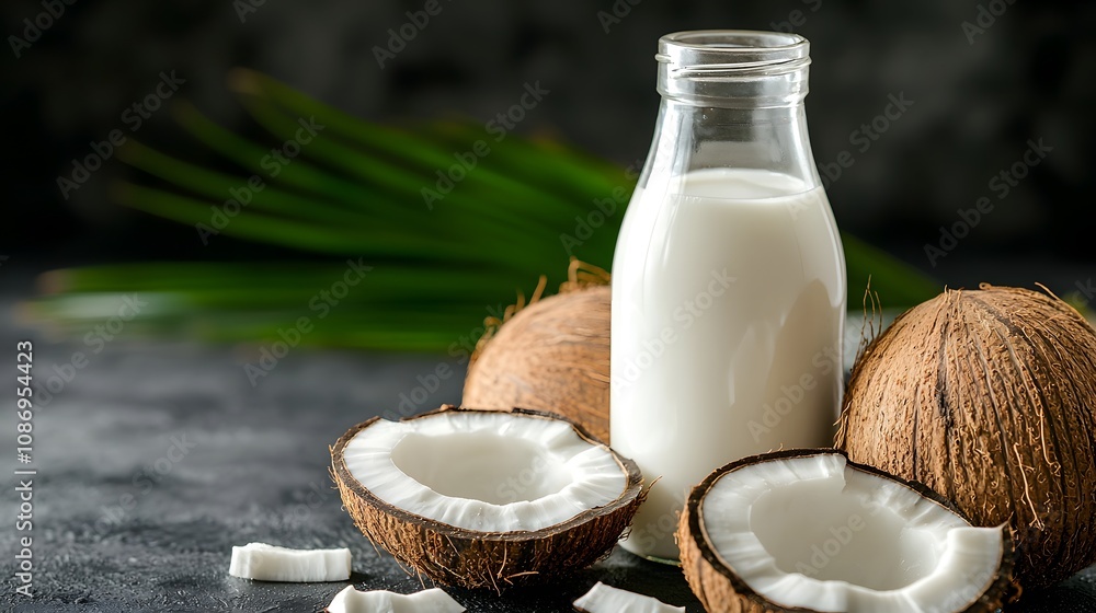Fresh Coconut Milk in Glass Bottle with Coconut Halves Fresh Coconut Milk in Glass Bottle with Coconut Halves