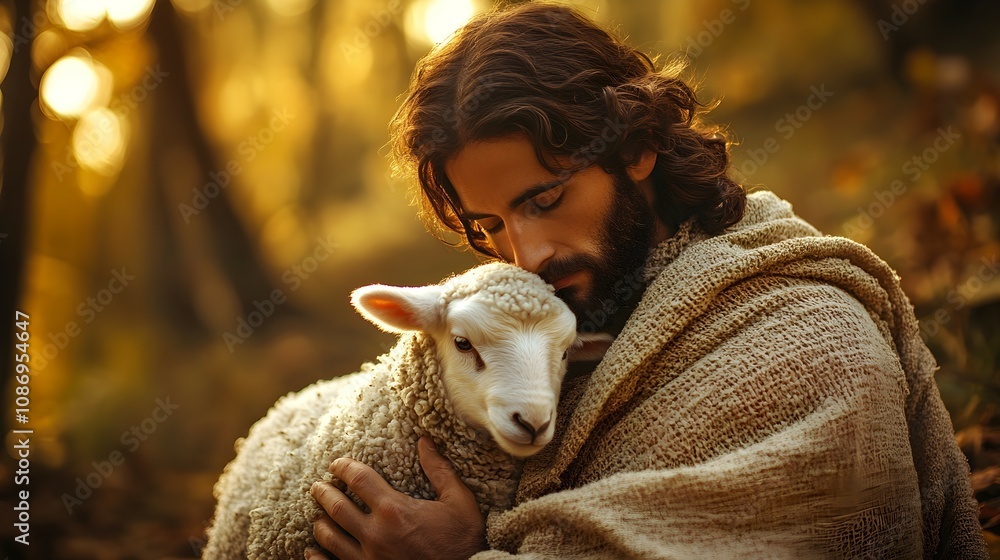 Shepherd Jesus Christ Taking Care of One Missing Lamb. Warm Toned Soft Picture Shepherd Jesus Christ Taking Care of One Missing Lamb. Warm Toned Soft Picture