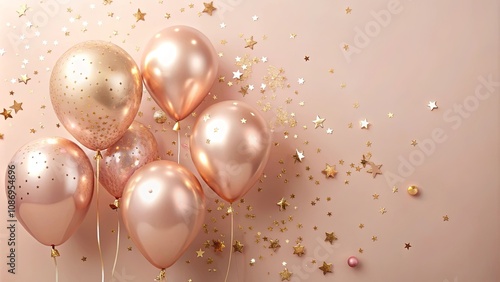 Rose gold balloons and confetti stars festive celebration background