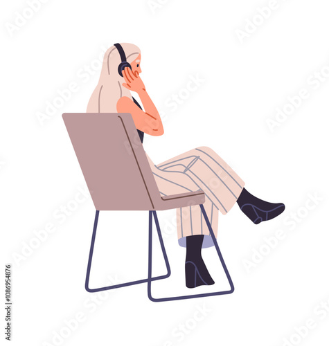 Girl with headphones listens to music, audiobooks, audio lecture back view. Student with headset sits on chair at seminar. Young woman on seat at conference. Flat isolated vector illustration on white