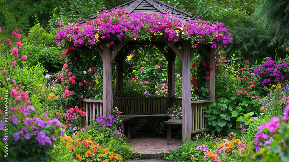 Obraz premium Altana w ogrodzie, udekorowana kwitnącymi pnączami, wkomponowana w bujną zieleń, tworzy magiczną przestrzeń do wypoczynku.