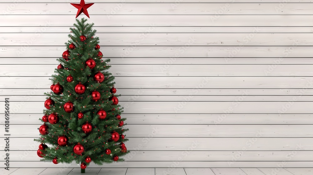 Festive Christmas tree with red ornaments against a white wood background. Festive Christmas tree with red ornaments against a white wood background.