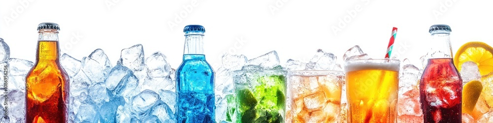 Refreshing Iced Beverages Surrounded by Crushed Ice: A Chill Panorama of Cold Drinks and Bottles Refreshing Iced Beverages Surrounded by Crushed Ice: A Chill Panorama of Cold Drinks and Bottles