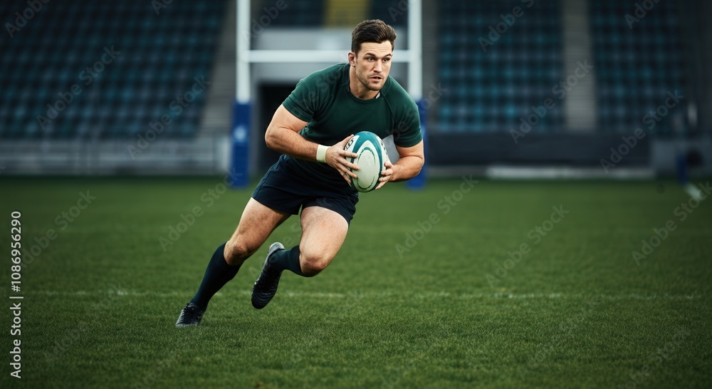 Intense rugby action, athletic male rugby player on field, sports competition concept, dynamic movement capture