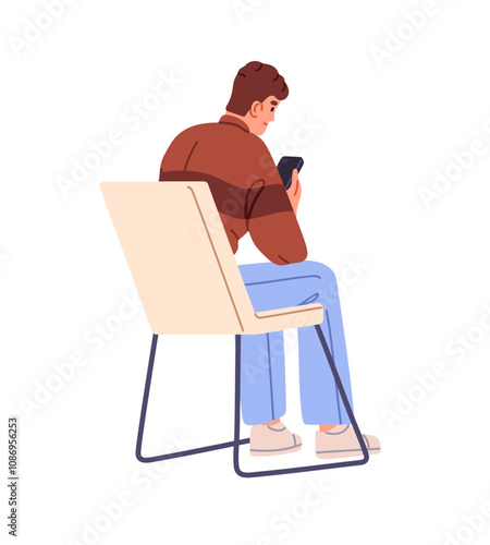 Man on seat surfing internet during lecture back view. Student scrolls news at smartphone while seminar. Boy sits on chair, online communicates by phone. Flat isolated vector illustration on white