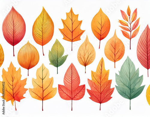 Watercolor autumn leaves set on a white background