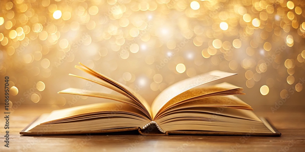 Open book on wooden surface with warm golden bokeh background, suggesting reading, knowledge, and inspiration Open book on wooden surface with warm golden bokeh background, suggesting reading, knowledge, and inspiration