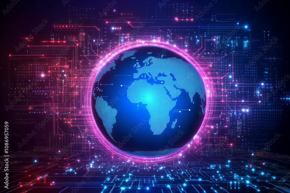 Vibrant neon digital world map with global connections, futuristic design, and technology-driven data visualization Vibrant neon digital world map with global connections, futuristic design, and technology-driven data visualization