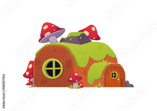 Cartoon game hut with fly agaric mushrooms, vector small fairy village house with door and round roof covered with grass