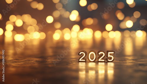 Glowing 2025 celebration with warm golden bokeh lights festive and elegant new year design concept atmospheric mood