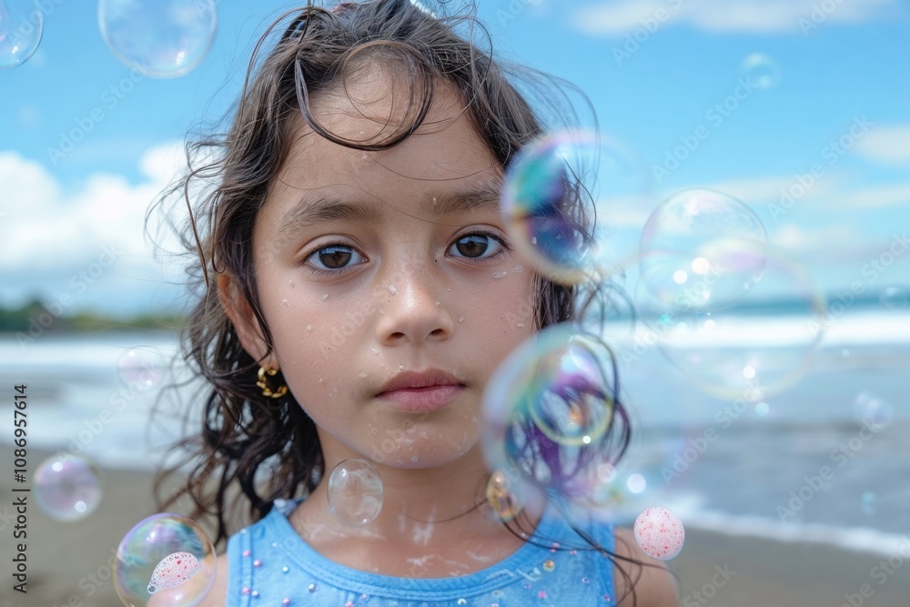 Enchanting close-up of a young girl at the beach surrounded by iridescent soap bubbles. Wet hair and dewy skin create magical summer vibes while dreamy bokeh and ocean background add whimsical charm Enchanting close-up of a young girl at the beach surrounded by iridescent soap bubbles. Wet hair and dewy skin create magical summer vibes while dreamy bokeh and ocean background add whimsical charm