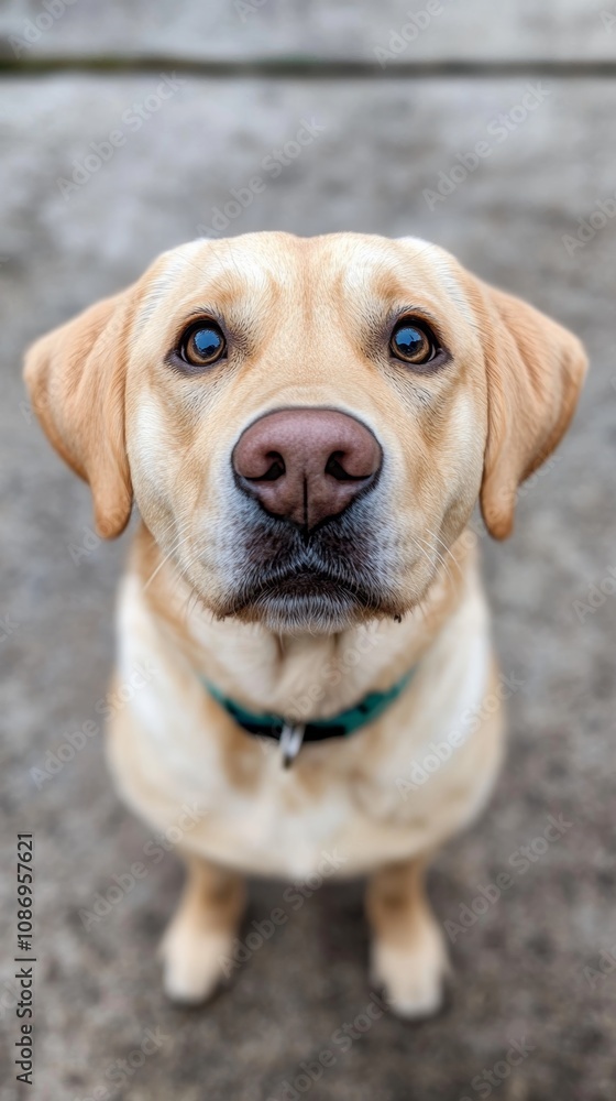 A friendly yellow Labrador retriever gazes curiously with soulful eyes in a natural outdoor setting on a sunny day A friendly yellow Labrador retriever gazes curiously with soulful eyes in a natural outdoor setting on a sunny day