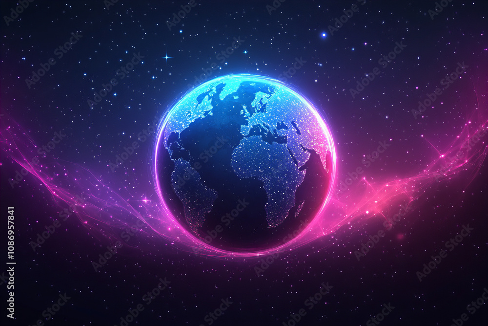 Neon digital world map with glowing global network connections, futuristic technology design, and vibrant data visualization elements Neon digital world map with glowing global network connections, futuristic technology design, and vibrant data visualization elements
