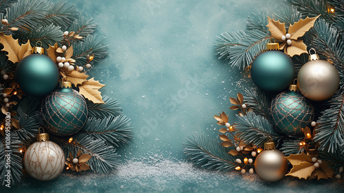 Elegant Christmas Frame with Blue and Gold Ornaments