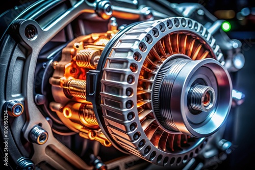 Close-Up of a Car Generator Element in the Power Supply System Captured with Long Exposure on a Black Background for Automotive Technology Enthusiasts