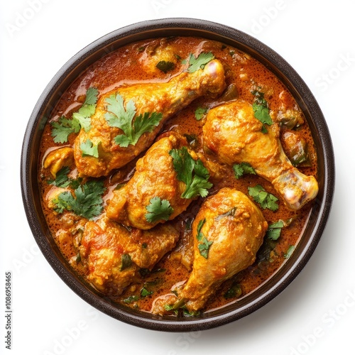 chicken curry top view full length isolated on white background