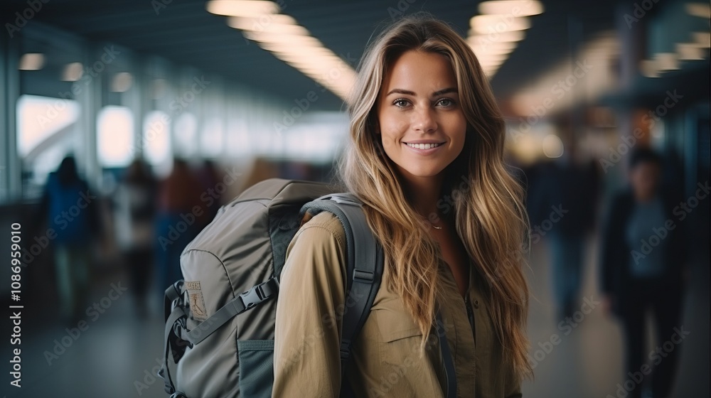 The Journey Begins: A Girl in a T-Shirt Ventures from the Airport with Backpack The Journey Begins: A Girl in a T-Shirt Ventures from the Airport with Backpack