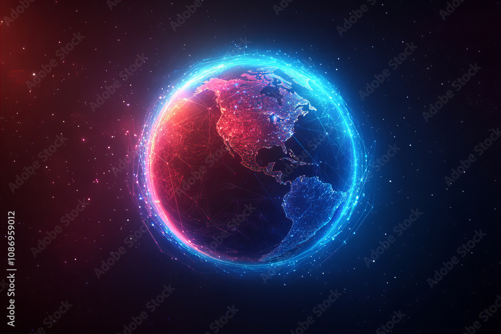 Fototapeta premium Neon digital world map with glowing global network connections, futuristic technology design, and vibrant data visualization elements