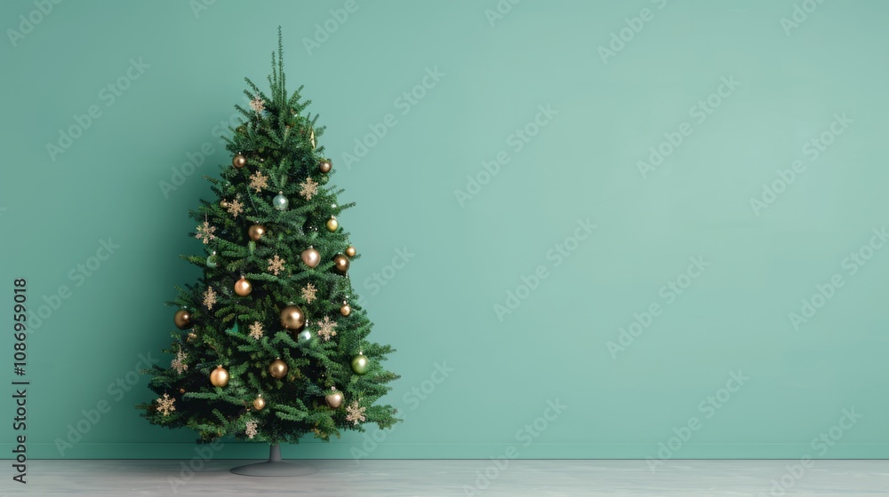 Elegant Christmas tree with gold and teal ornaments against a teal wall. Elegant Christmas tree with gold and teal ornaments against a teal wall.