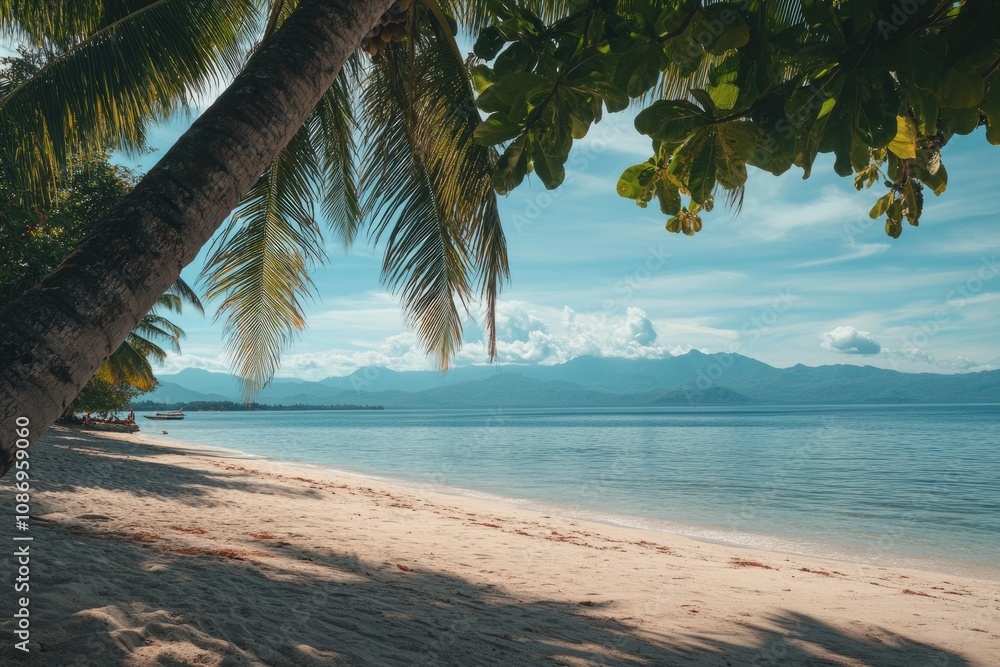 Naklejka premium Tropical Paradise: Expansive Beach Scene with Palm Trees and Ocean Under Bright Summer Sky