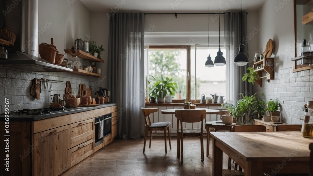 Blurred kitchen interior with wooden countertop Blurred kitchen interior with wooden countertop