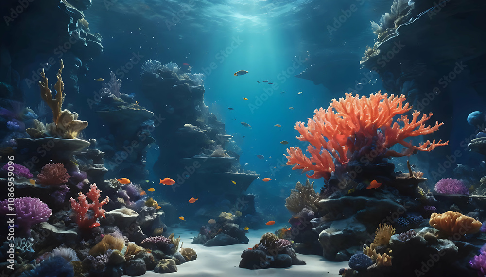 Fototapeta premium Underwater Fantasy World with Glowing Coral, Mythical Creatures, and Deep Blue Water, High Detail.