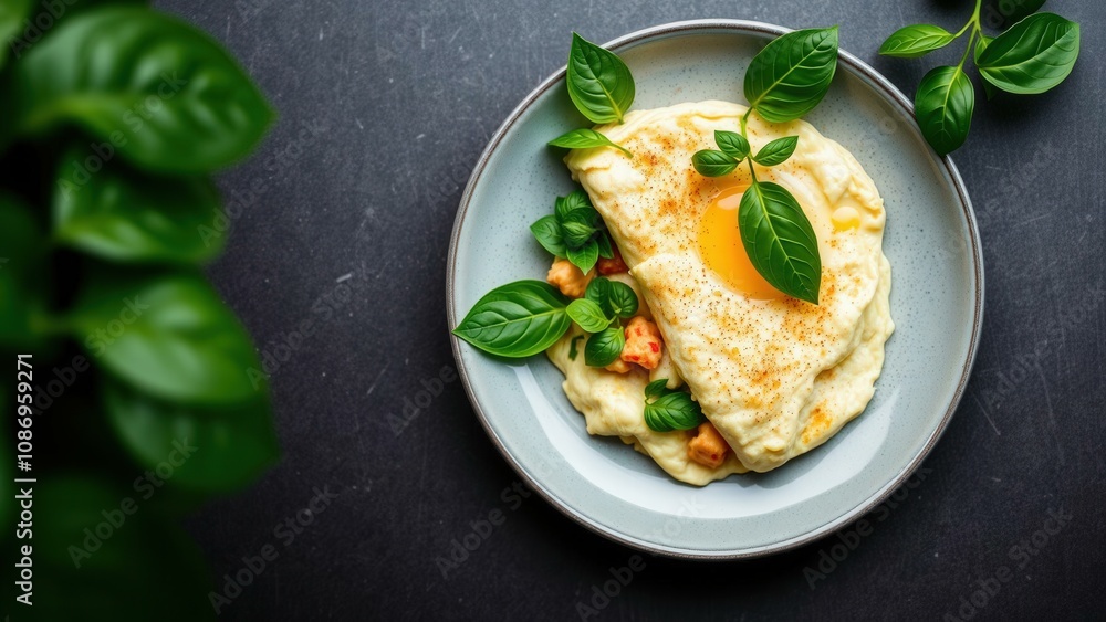 Delicious Omelette with Fresh Basil and Tomatoes on a White Plate, Perfect for a Healthy Breakfast or Brunch Delicious Omelette with Fresh Basil and Tomatoes on a White Plate, Perfect for a Healthy Breakfast or Brunch