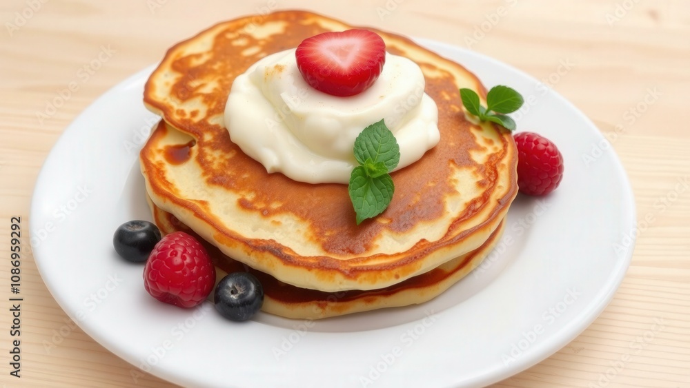 Delicious Golden Pancakes with Fresh Berries and Whipped Cream - Perfect for a Sweet Breakfast or Brunch Delicious Golden Pancakes with Fresh Berries and Whipped Cream - Perfect for a Sweet Breakfast or Brunch