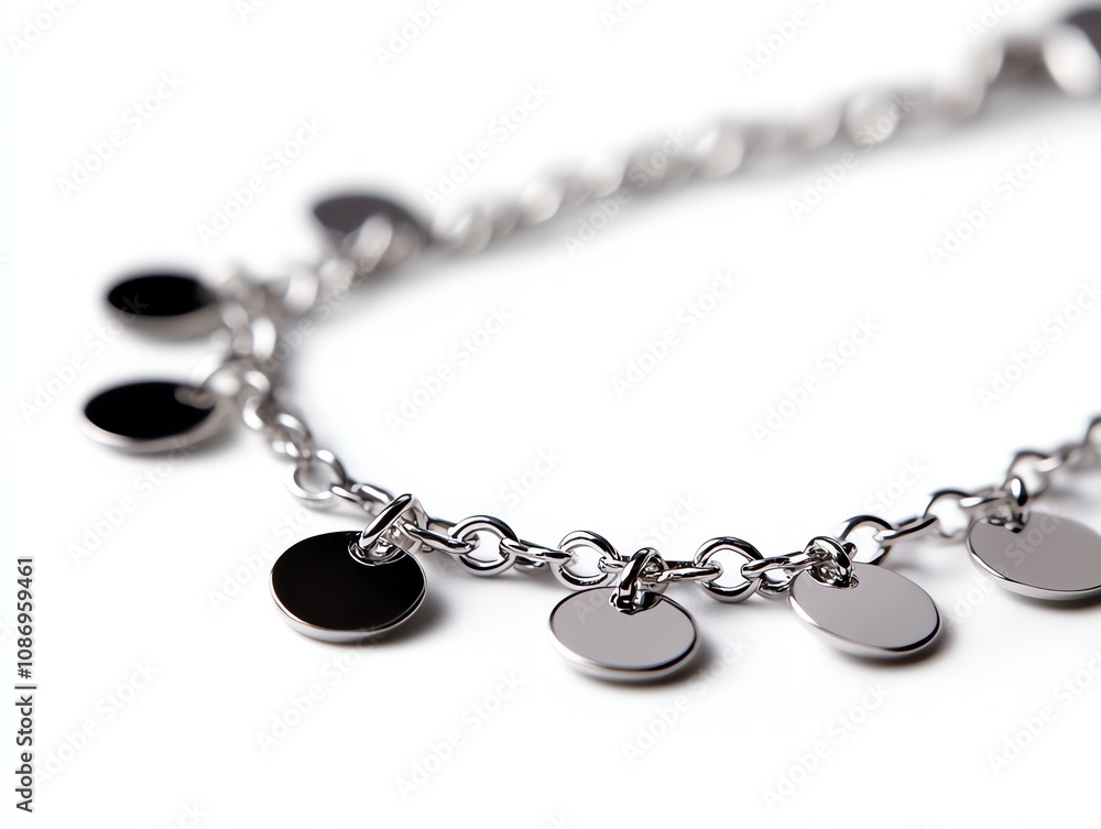 Close-up of a stylish silver bracelet with circular charms, white isolated background. Close-up of a stylish silver bracelet with circular charms, white isolated background.