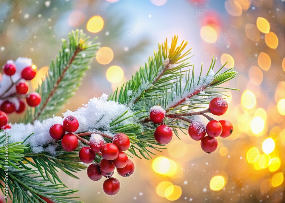 Close-up of a Snow-Covered Pine Branch with Red Berries and a Soft White Winter Background Enhanced by Bokeh Lights for a Serene Holiday Atmosphere Close-up of a Snow-Covered Pine Branch with Red Berries and a Soft White Winter Background Enhanced by Bokeh Lights for a Serene Holiday Atmosphere