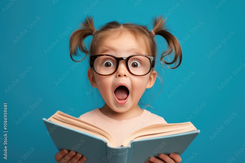 Cheerful Child in Glasses Ready for School, Surrounded by Books on Vibrant Blue Background Cheerful Child in Glasses Ready for School, Surrounded by Books on Vibrant Blue Background