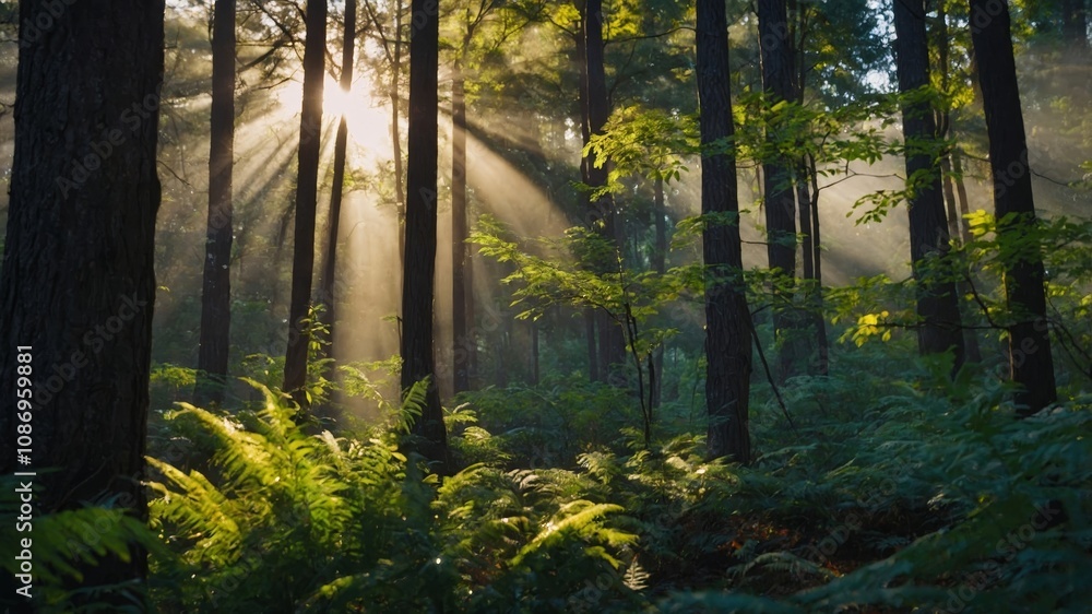 Obraz premium Burst of light and sparkling bokeh among trees